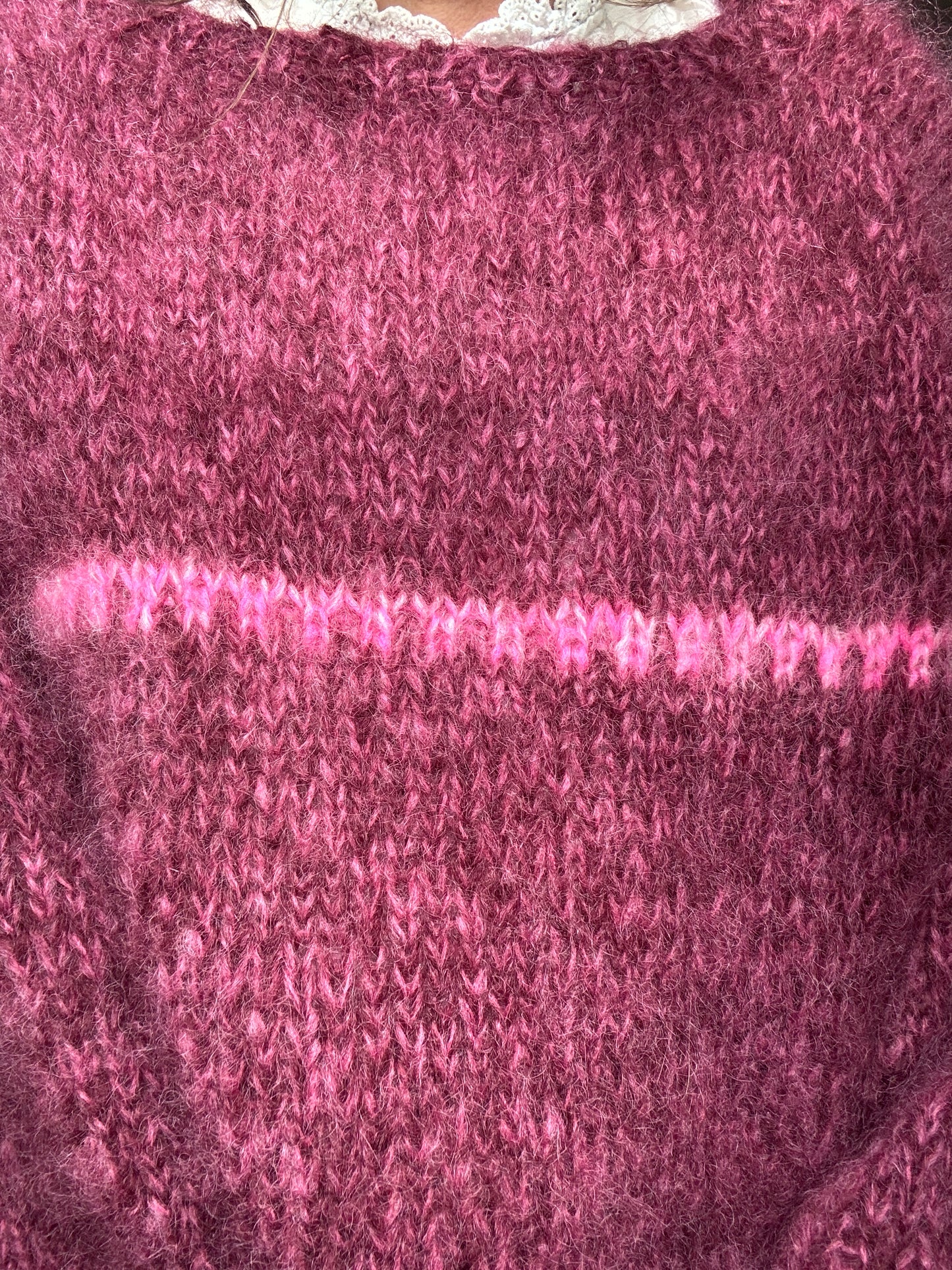 Burgundy chunky mohair knit with pink details