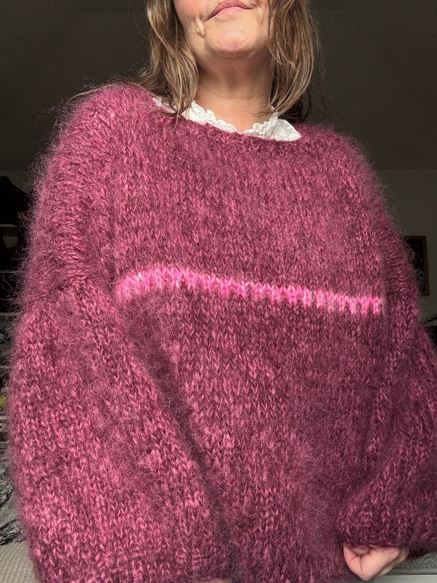 Burgundy chunky mohair knit with pink details