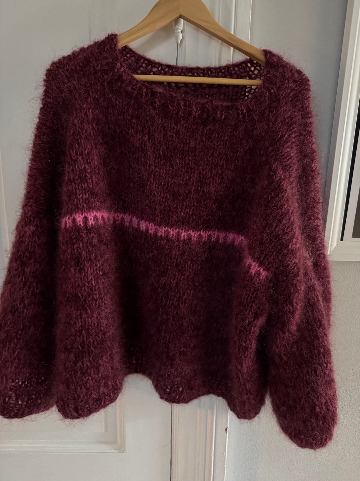 Burgundy chunky mohair knit with pink details