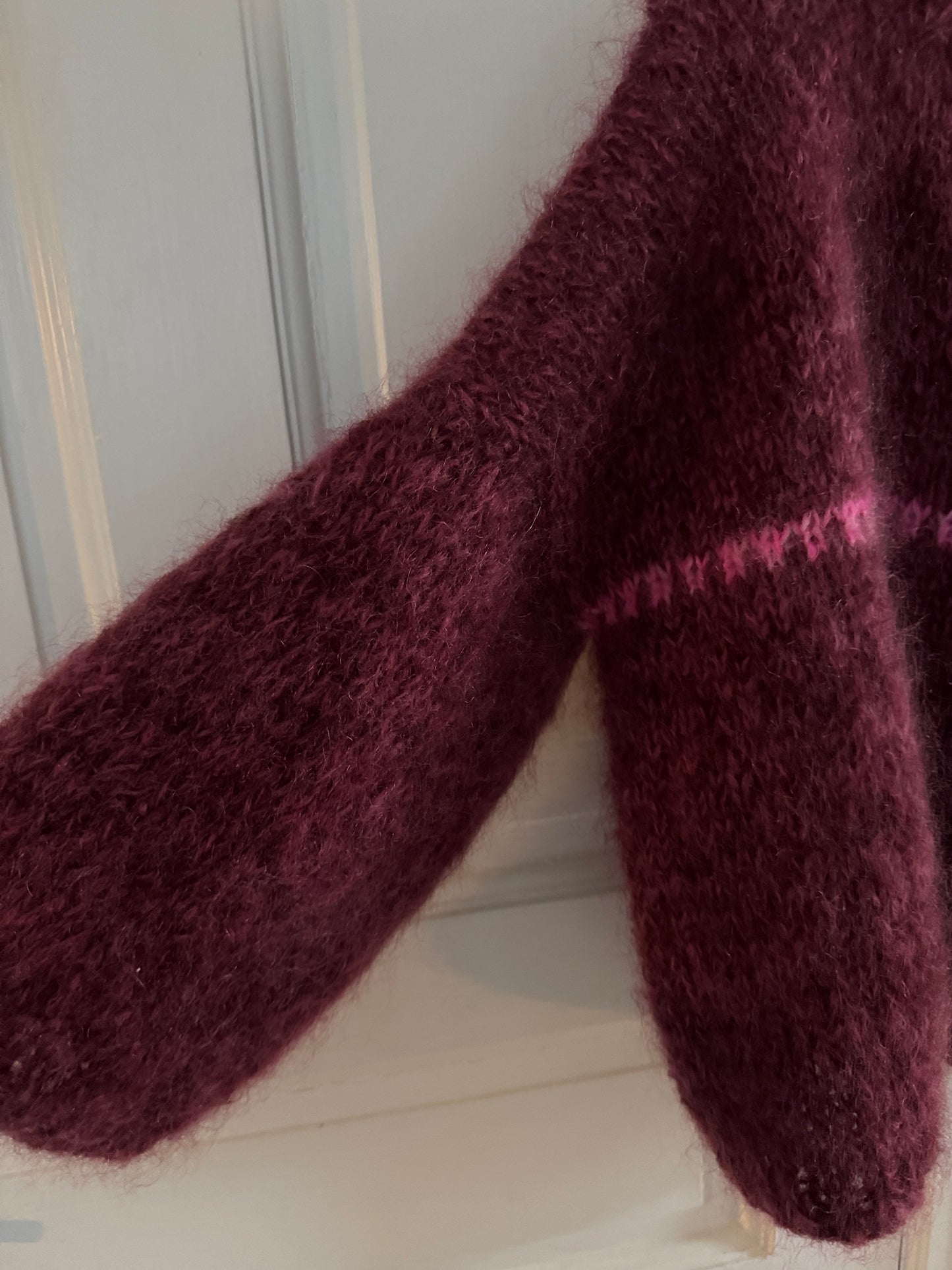 Burgundy chunky mohair knit with pink details