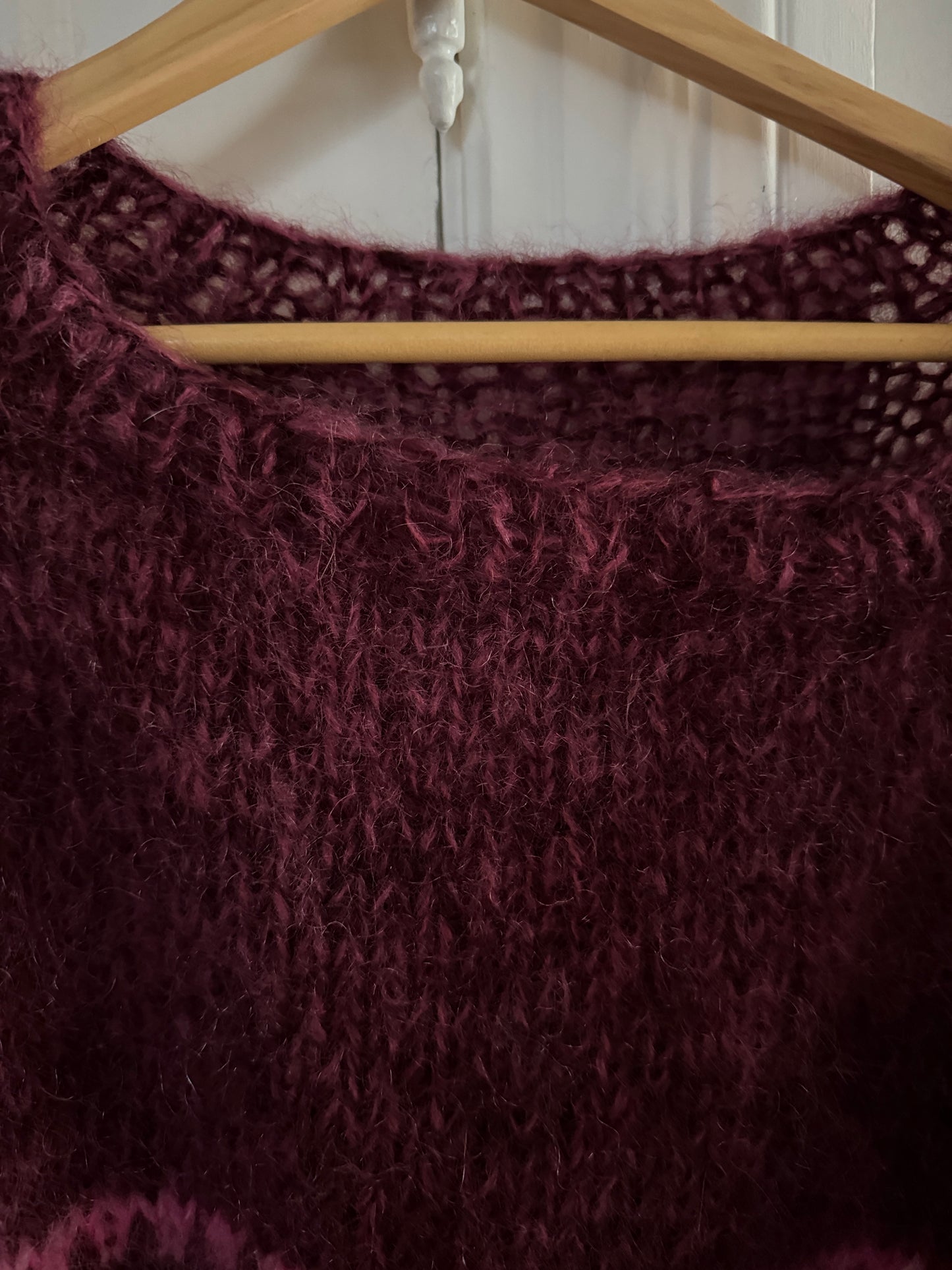 Burgundy chunky mohair knit with pink details