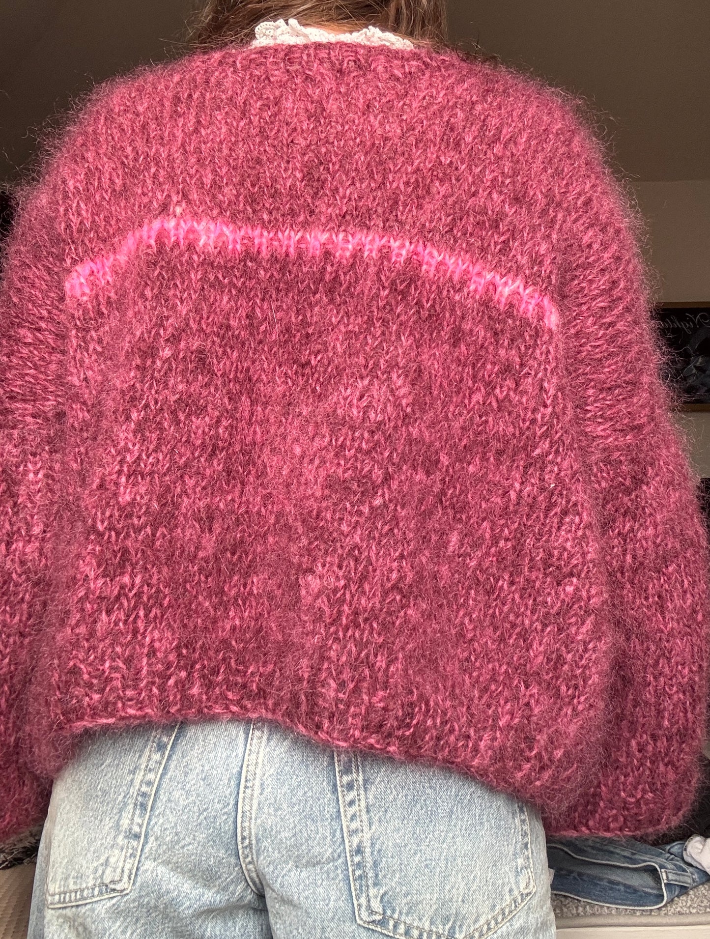 Burgundy chunky mohair knit with pink details